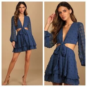 NEW Lulus Navy Blue Swiss Dot Cutout Mini Dress Long Sleeve V-Neck Womens L